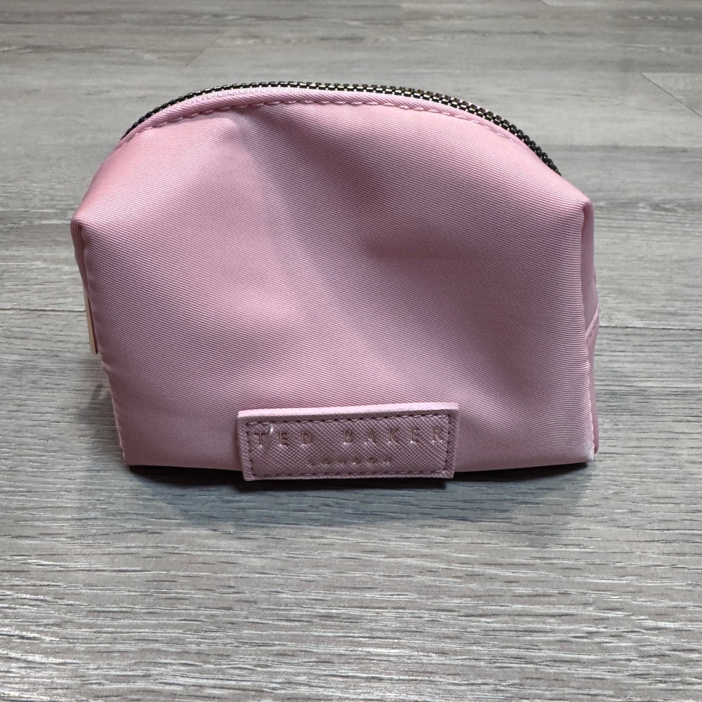 Ted Baker London Pink Satin Mini Makeup Bag Floral Lining Rose Gold Zip Pouch
